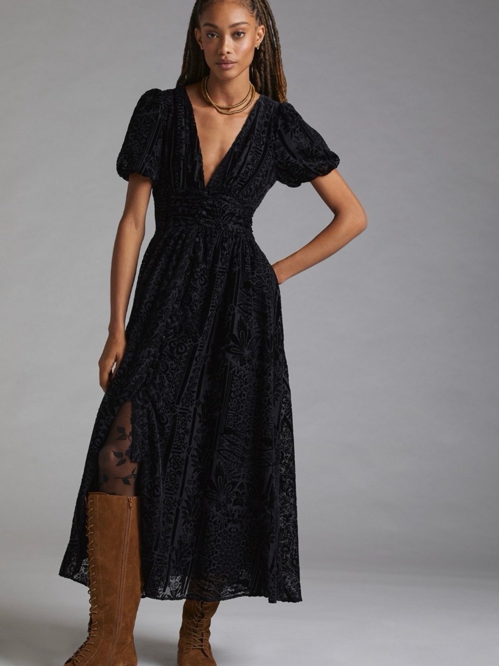 Anthropologie Black Velvet Maxi Dress with Puff Sleeves